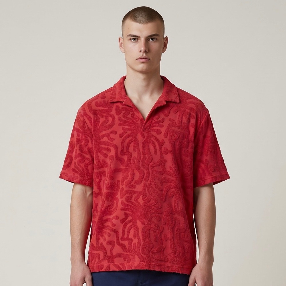 OAS Men's XXL 'Loefy Polo Shirt' Red Terry Cloth Coral Jacquard Portugal